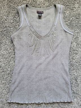 Light Gray Beaded V-Neck Ribbed Tank With Silver Dangles Size Medium